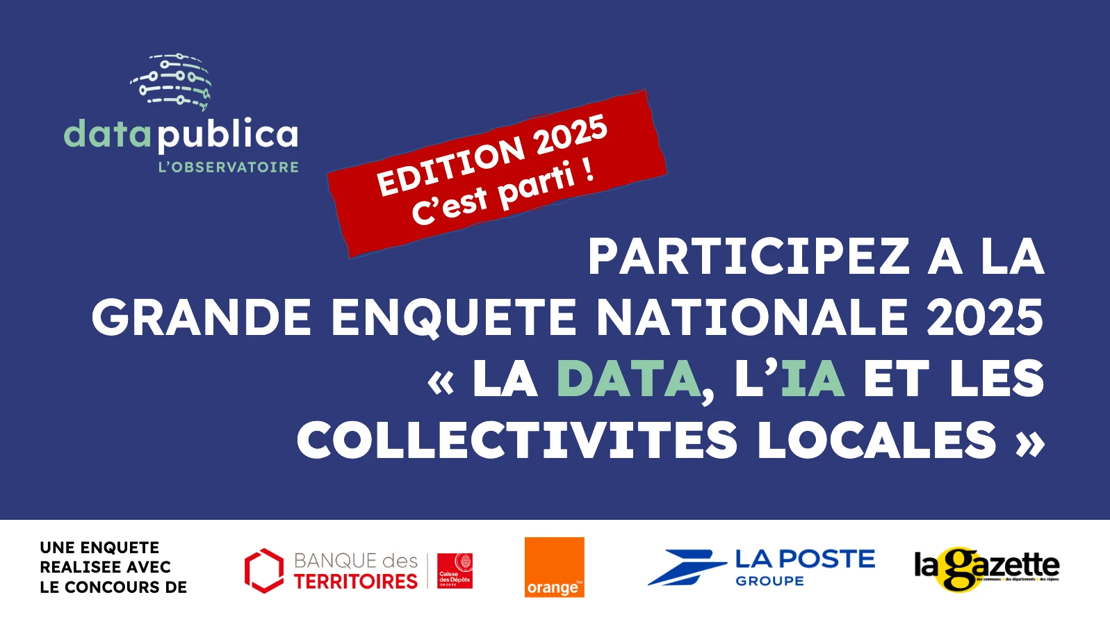 visuel de l'enquête nationale 2025 "La data, l'IA et les collectivités locales" de DataPublica