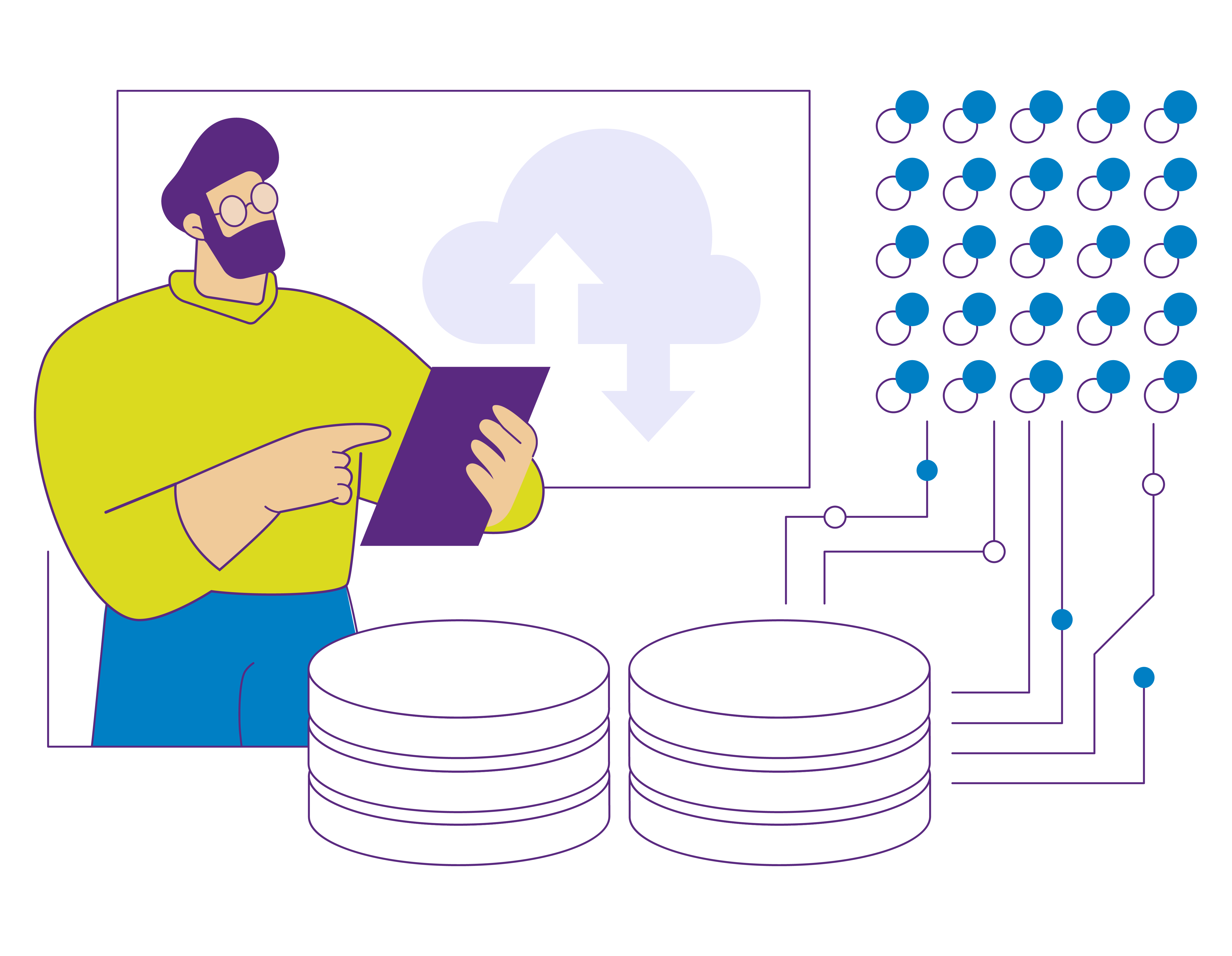 image d'un homme à barbe tenant une tablette, entouré de symboles rappelant la donnée / data